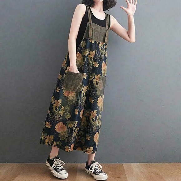 Boho Lagenlook Loose Floral Baggy Denim Wide Leg Drop Crotch Overalls Size 2X - Picture 3 of 10